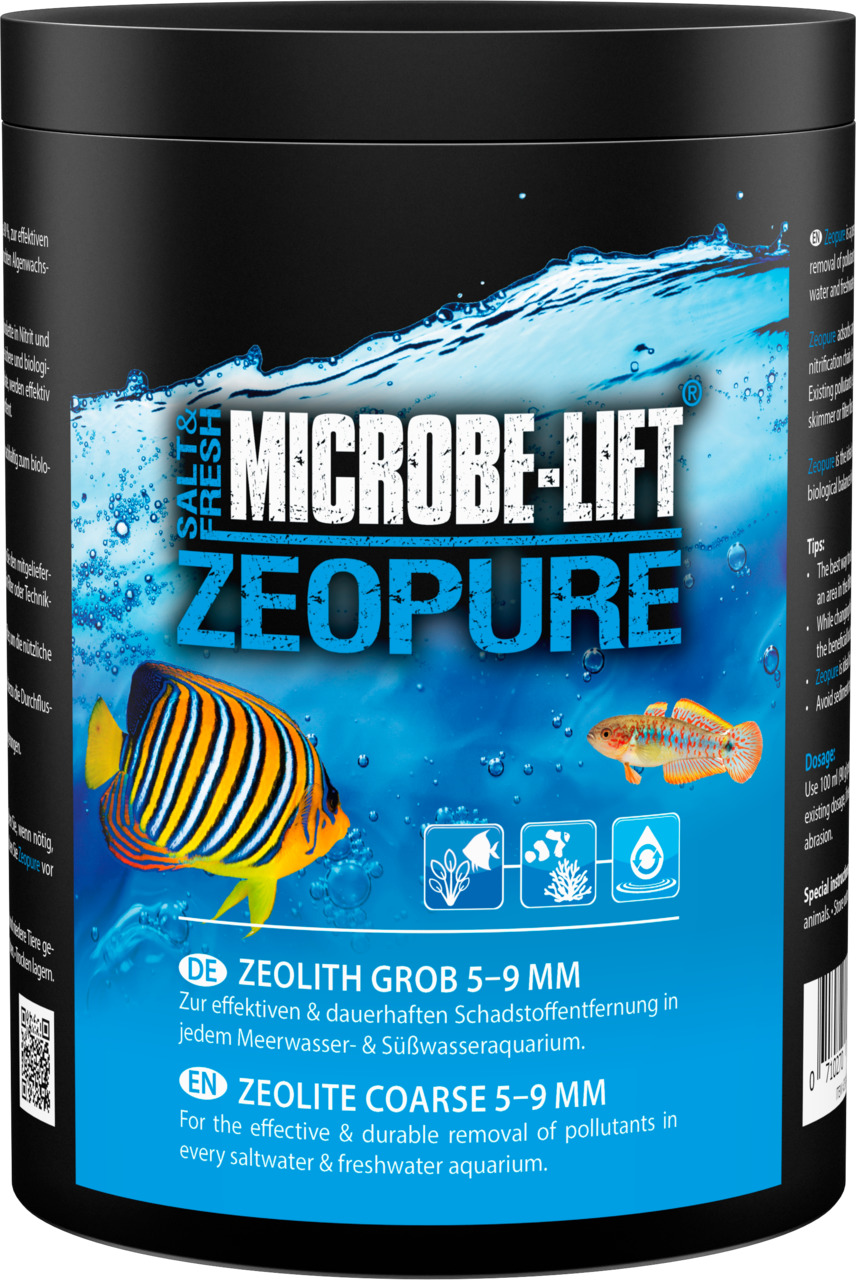 Das Bild zeigt eine schwarze Verpackung des Produkts „MICROBE-LIFT ZeoPure“ mit der EAN 710270149391. Es handelt sich um grobes Zeolith (5–9 mm) zur effektiven und dauerhaften Schadstoffentfernung in Meer- und Süßwasseraquarien. Die Zielgruppe sind Aquari