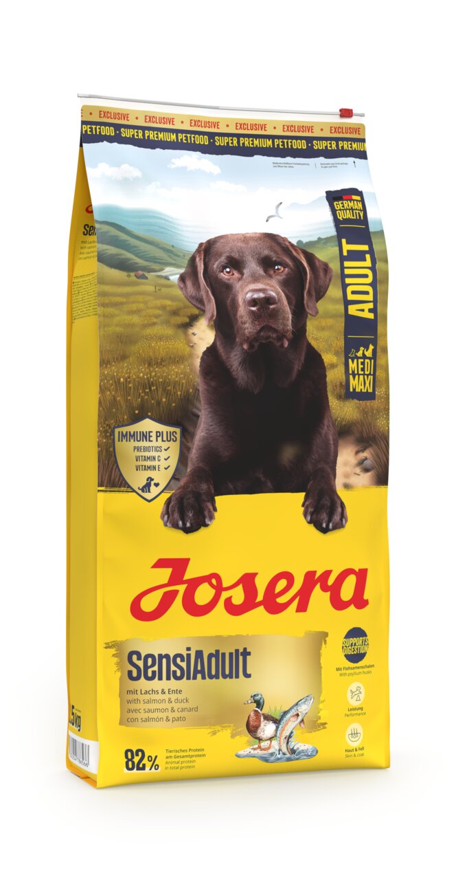 Trockenfutter Josera SensiAdult für erwachsene Hunde, Geschmacksrichtung Lachs & Ente, 5 kg, unterstützt Verdauung und Immunsystem.
