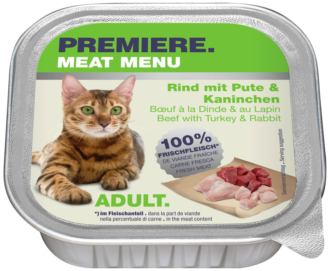 Das Bild zeigt eine Verpackung des Katzenfutters „PREMIERE MEAT MENU“ mit der Geschmacksrichtung „Ri