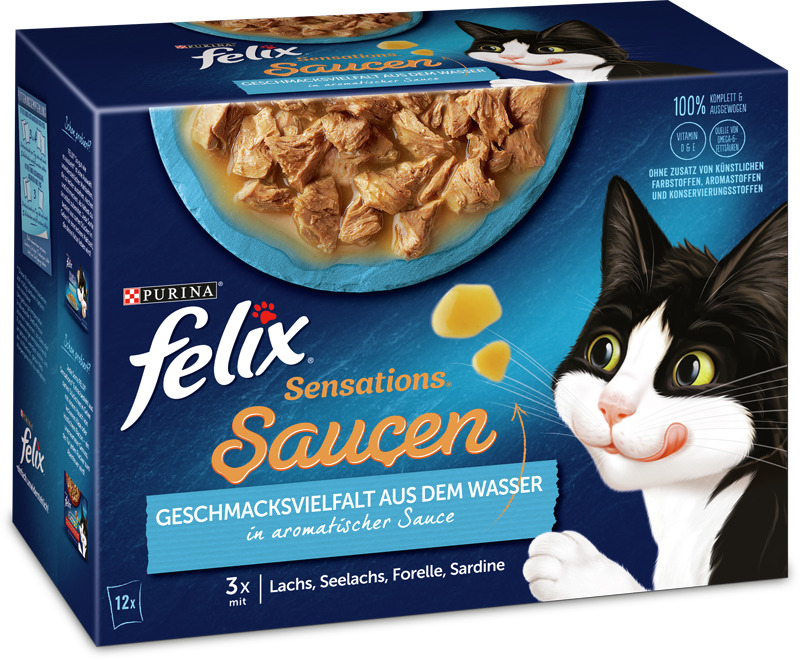 Felix Sensations Saucen von Purina, Katzenfutter, Lachs-Seelachs-Forelle-Sardine, 12x85g, „Geschmacksvielfalt aus dem Wasser“.