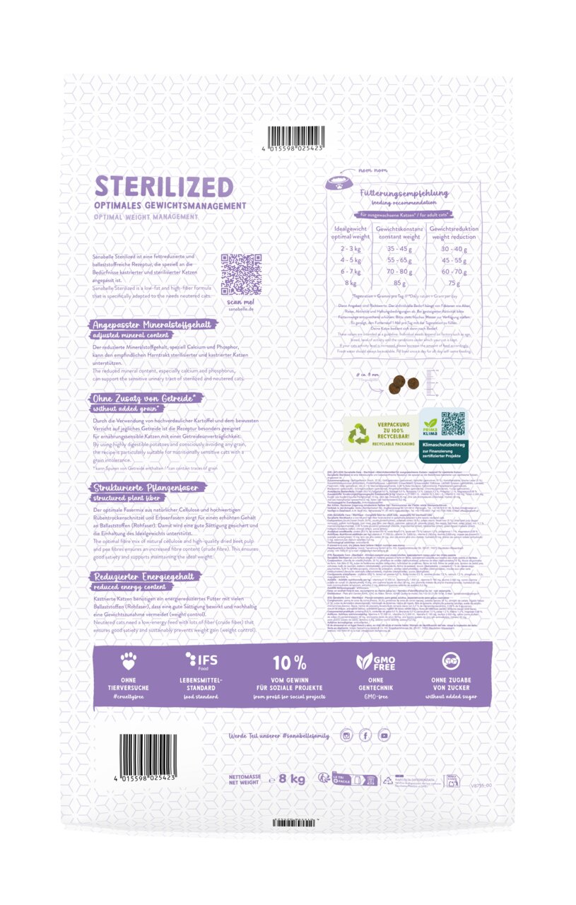 Rückseite eines 8-kg-Beutels Sanabelle Sterilized Katzenfutter, speziell für sterilisierte Katzen. Geschmacksrichtung: Geflügel. Unterstützt optimales Gewichtsmanagement, ohne Getreidezusatz, mit reduziertem Energiegehalt. Enthält Hinweise zur Fütterung u