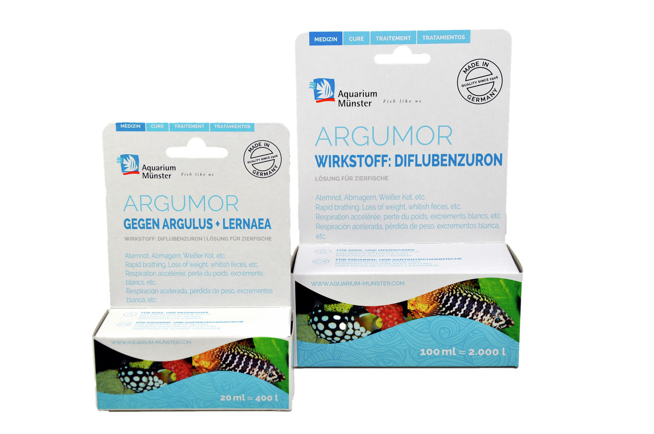 Aquarium Münster Argumor, Heilmittel f. Zierfische, gegen Argulus & Lernaea, Diflubenzuron, 20 ml (400 l) o. 100 ml (2000 l).