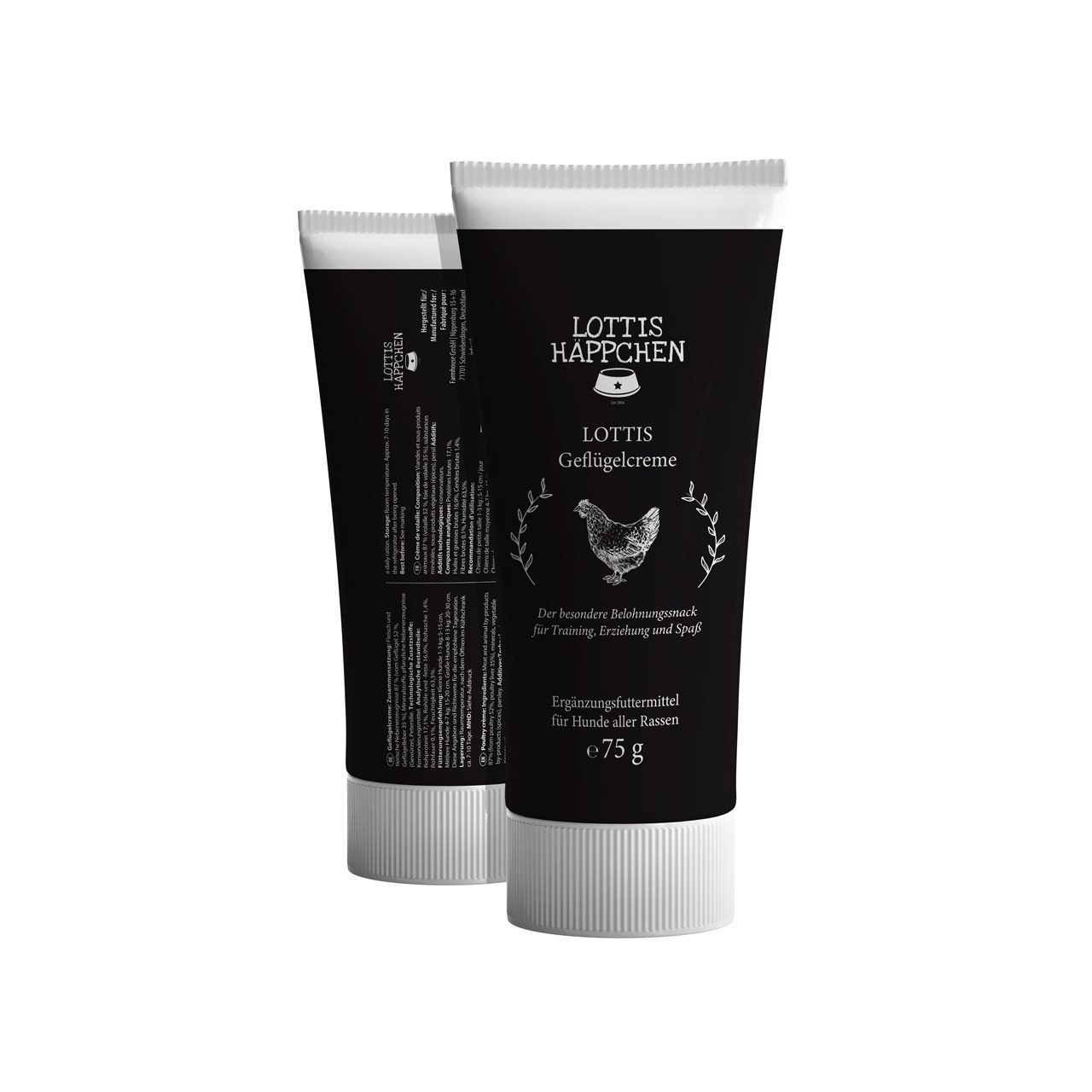 Zwei schwarze Tuben des Produkts „Lottis Häppchen Geflügelcreme“ mit weißer Schrift und einem Hühner-Logo. Ergänzungsfuttermittel für Hunde aller Rassen, ideal als Belohnungssnack für Training, Erziehung und Spaß. Inhalt: 75 g. Zielgruppe: Hunde. Geschmac