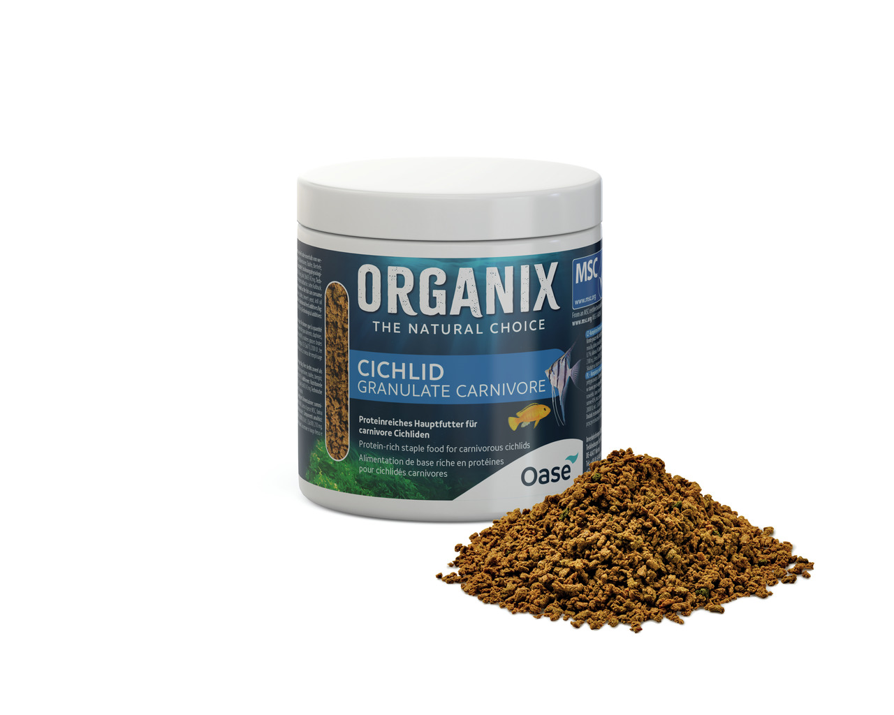Oase Organix Cichlid Granulate Carnivore, für fleischfressende Cichliden, 250 ml, braunes Granulat, hochwertiges Fischfutter.