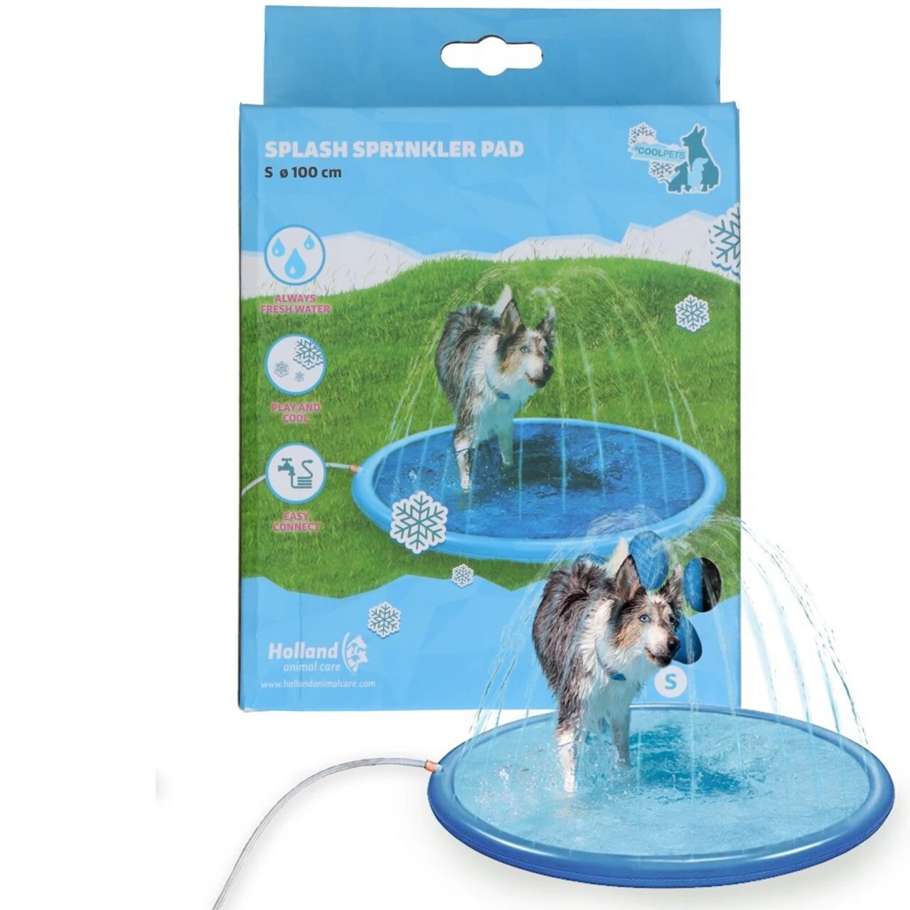Splash Sprinkler Pad von Holland Animal Care für Hunde, kühlend und erfrischend, Durchmesser 100 cm, einfache Verbindung mit Wasserquelle.