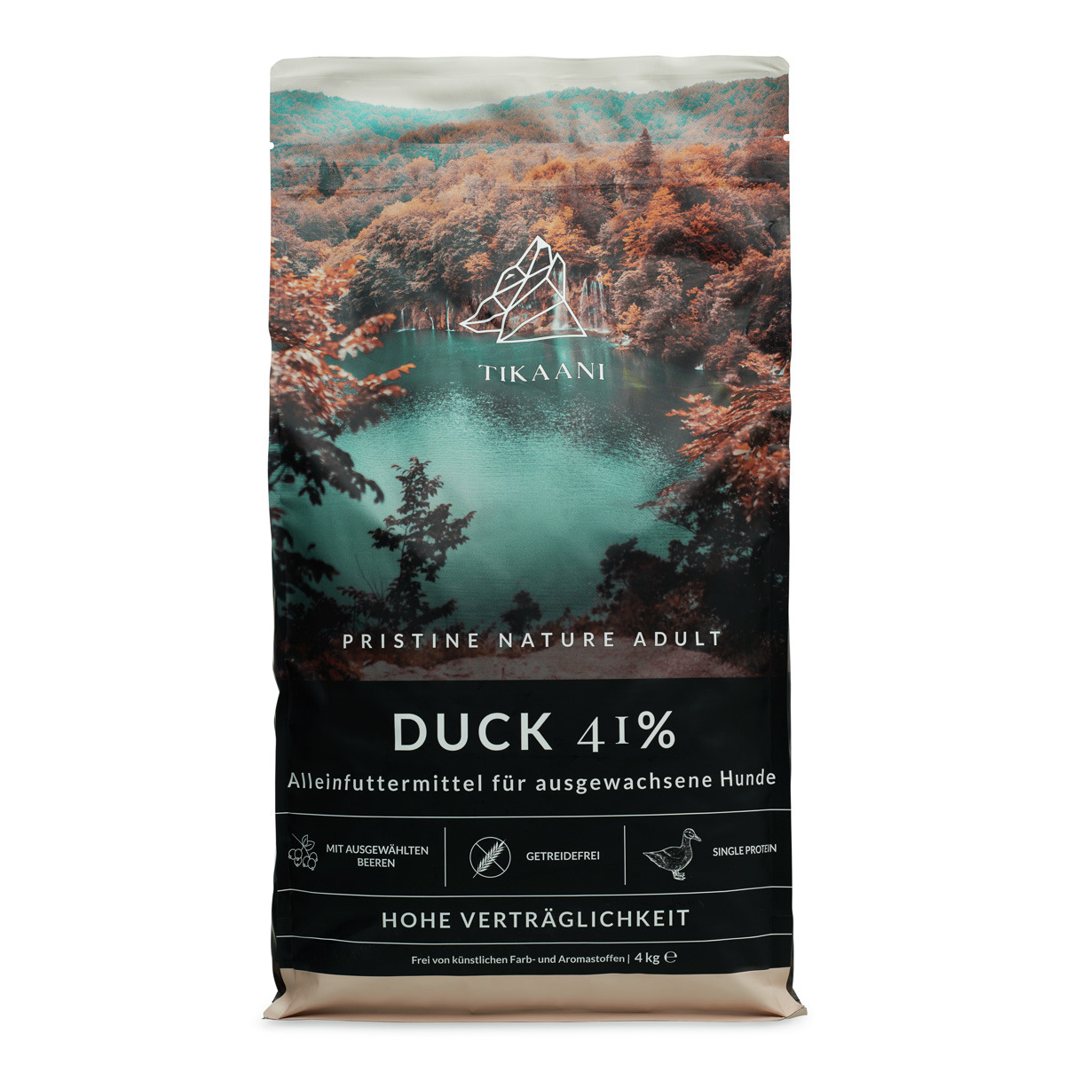 TIKAANI Pristine Nature Adult Duck 41%, 4 kg, getreidefreies Alleinfutter f. Hunde, 41% Ente, Single-Protein, mit Beeren, gut verträglich.