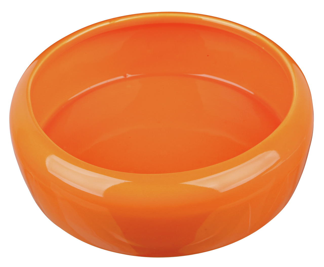 Ein leuchtend orangefarbener Futternapf der Marke TRIXIE, geeignet für Haustiere wie Hunde oder Katzen. Der Napf besteht aus Keramik und ist robust sowie leicht zu reinigen. Ideal für Trocken- oder Nassfutter. Das schlichte, moderne Design passt in jede U