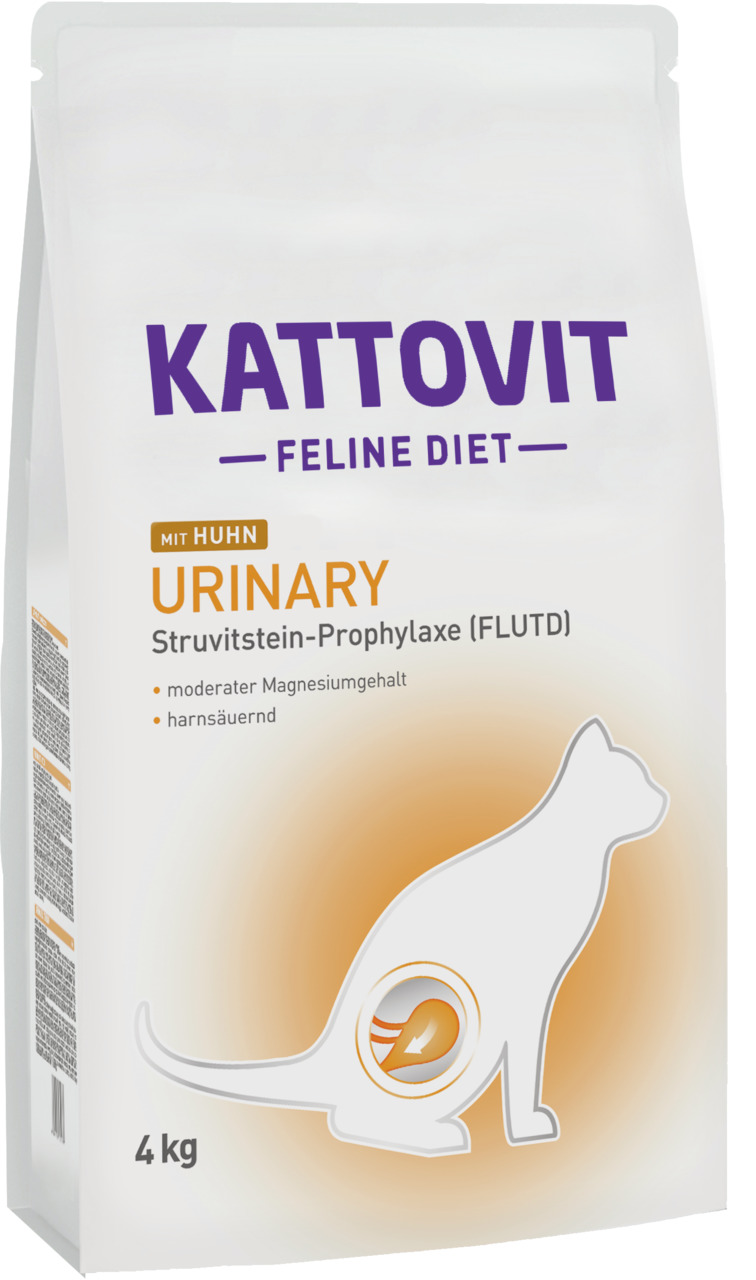 Kattovit Feline Diet Urinary, 4 kg, Huhn, für Katzen, unterstützt Struvitstein-Prophylaxe (FLUTD), moderater Mg-Gehalt, harnsäuernd.