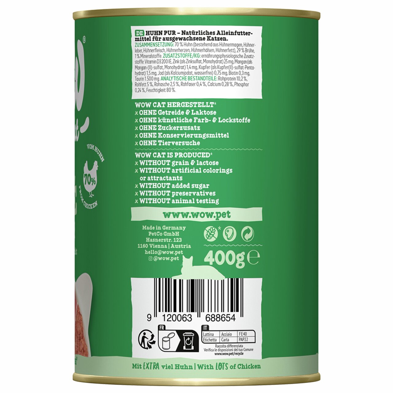 WOW CAT Huhn Pur, Alleinfutter f. Katzen, Huhn, 400 g, getreidefrei, ohne Farb--Lockstoffe, Zuckerzusatz, Konservierung, Tierversuche.