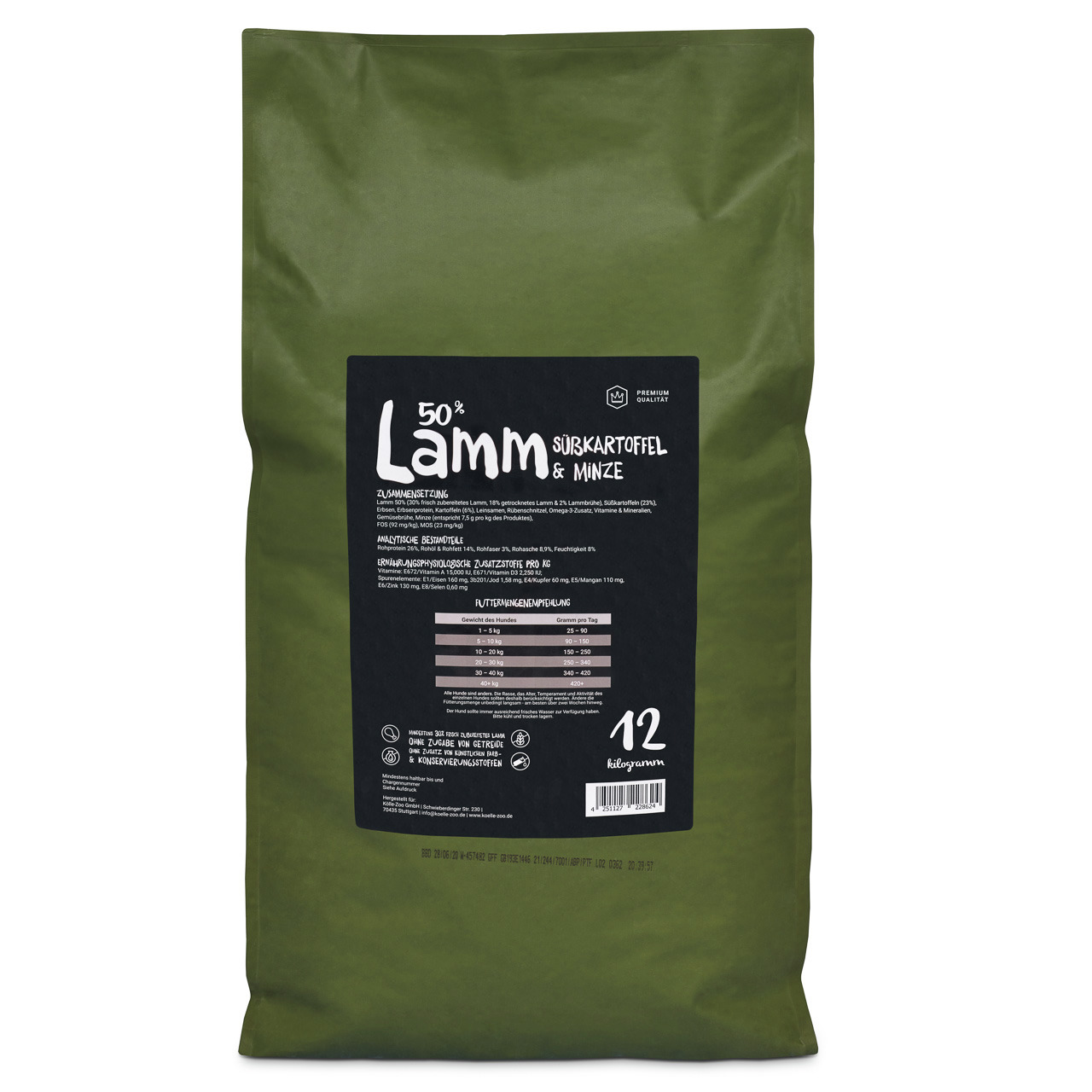 Lottis Häppchen Trockenfutter für Hunde, 50 % Lamm, Süßkartoffel & Minze, 12 kg, hochwertig.