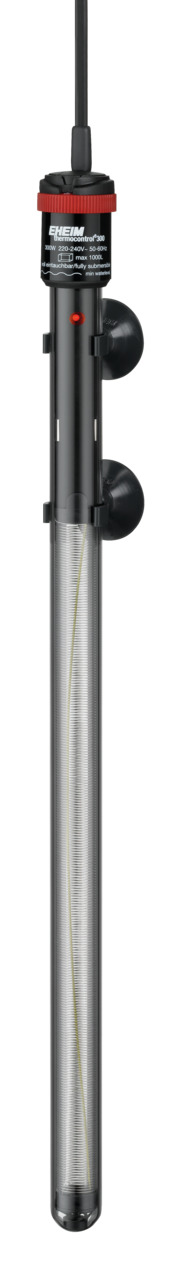 Das Bild zeigt den EHEIM Regelheizer für Aquarien, Modell 200 Watt, geeignet für Süß- und Meerwasseraquarien. Der schwarze Heizer mit rotem Akzent verfügt über eine präzise Temperaturregelung und zwei Saugnäpfe zur sicheren Befestigung. Ideal für Aquarien