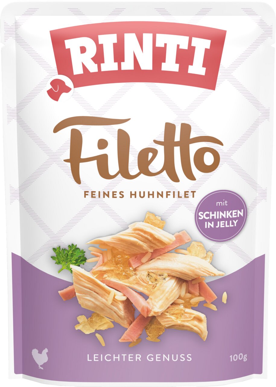 RINTI Filetto Feines Huhnfilet mit Schinken in Jelly, für Hunde, leichter Genuss, 100 g. Hochwertige Proteinquelle.