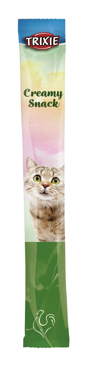 Das Bild zeigt einen TRIXIE Creamy Snack für Katzen in einer länglichen, bunten Verpackung. Die Zielgruppe sind Katzen, und die Geschmacksrichtung ist Huhn, erkennbar durch das Hühnersymbol auf der Verpackung. Die Menge pro Stick ist nicht angegeben. Der 