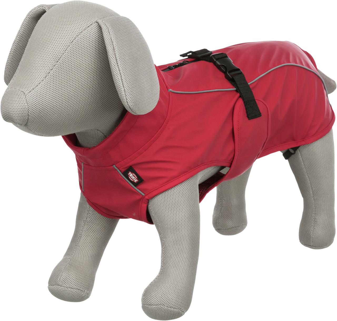 TRIXIE Hundemantel "Prime", für Hunde, Schutz vor Kälte-Nässe, reflektierende Streifen, verstellbare Gurte, rot, auf grauer Puppe.
