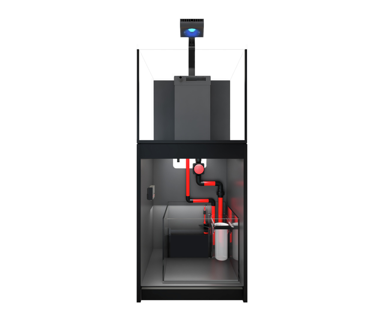 Das Bild zeigt das Red Sea Reefer 3XL 900 Aquarium-System, ein hochwertiges Meerwasseraquarium für erfahrene Aquarianer. Es ist für Salzwasserfische und Korallen geeignet und verfügt über ein modernes Design mit einem integrierten Filtersystem. Die roten 