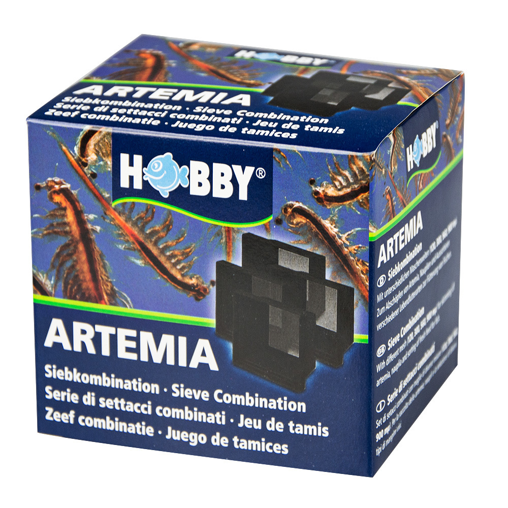 HOBBY Artemia Siebkombination, Zubehör f. Aquaristik-Enthusiasten, Aufzucht v. Artemia-Nauplien, blaue Verpackung, schwarze Siebe.