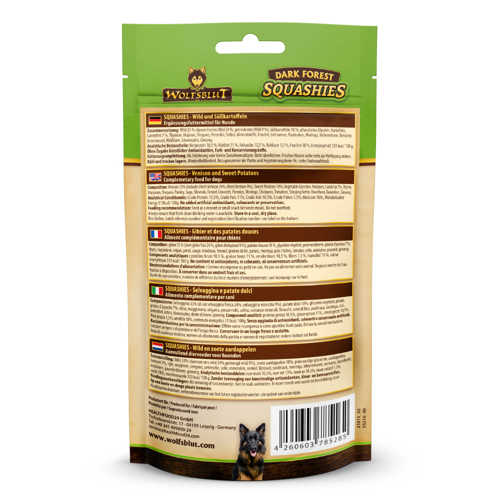 WOLFSBLUT Dark Forest Squashies, Ergänzungsfutter f. Hunde, Wild & Süßkartoffeln, 150 g, mit Infos zu Inhaltsstoffen & Fütterung.