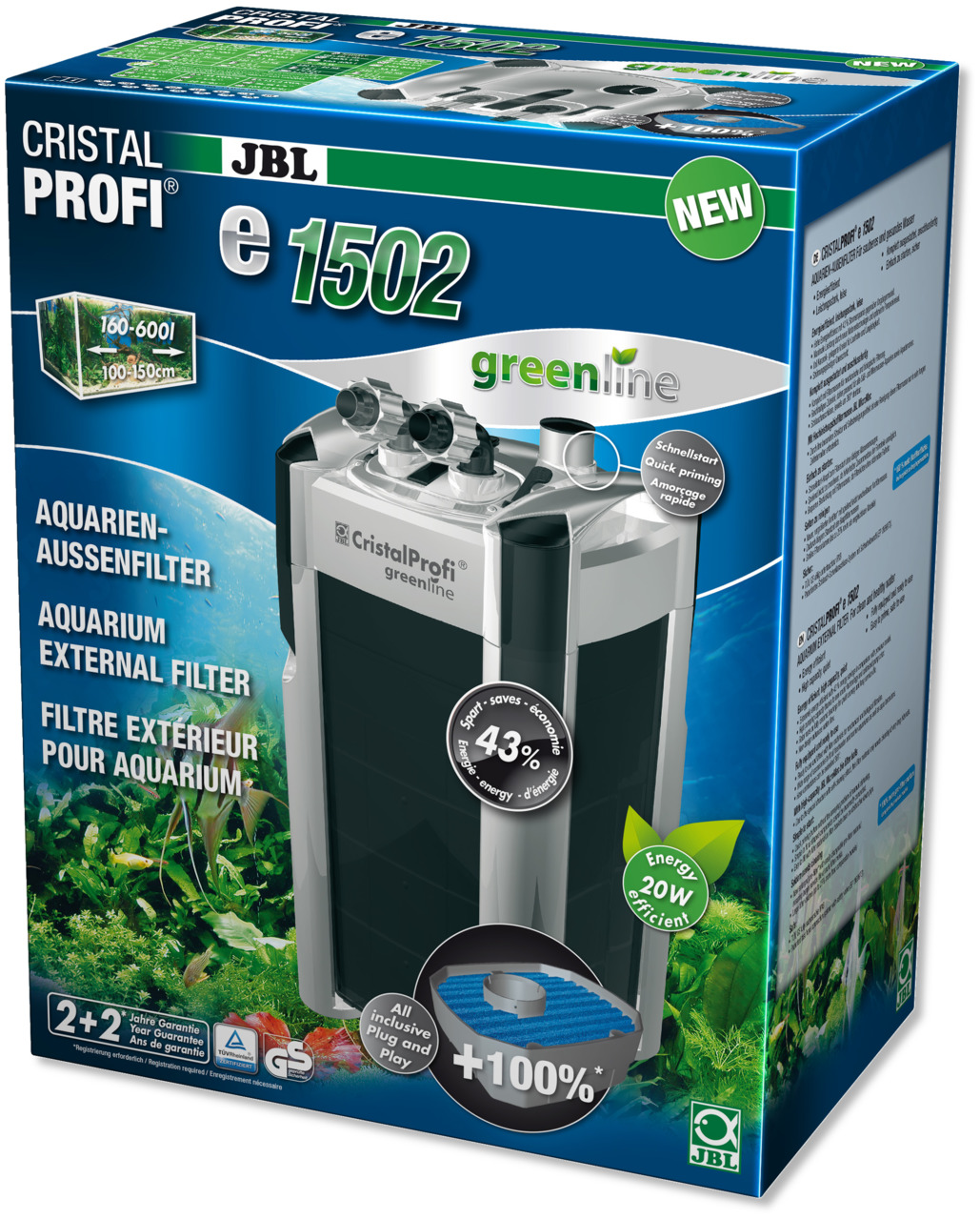 JBL CristalProfi e1502 greenline, Außenfilter für Aquarien (160-600 l, 100-150 cm), energieeffizient (20 W), Plug&Play, 2+2 J. Garantie.
