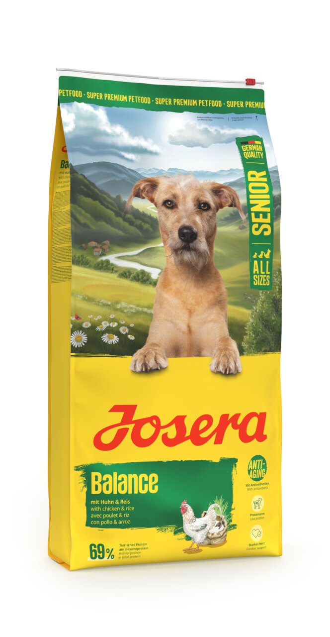 Josera Balance Hundefutter für Senioren, Geschmacksrichtung Huhn & Reis, Anti-Aging, 69 % tierisches Protein, Inhalt erkennbar.