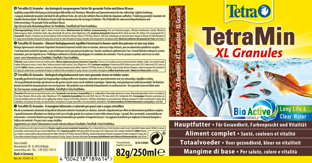 Tetra TetraMin XL Granules, Hauptfutter für Zierfische, 82 g (250 ml), mit BioActive-Formel für Gesundheit, Farben & klares Wasser.