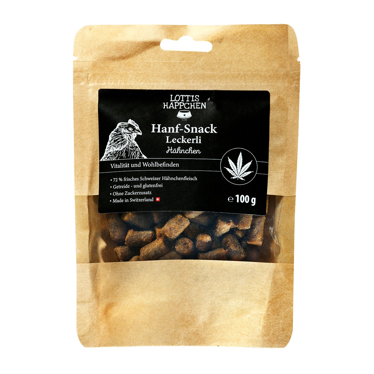 LOTTIS HÄPPCHEN Hanf-Snack Hähnchen für Hunde, getreidefrei, mit 72 % Hühnerfleisch, 100 g Packung, für Vitalität und Wohlbefinden.