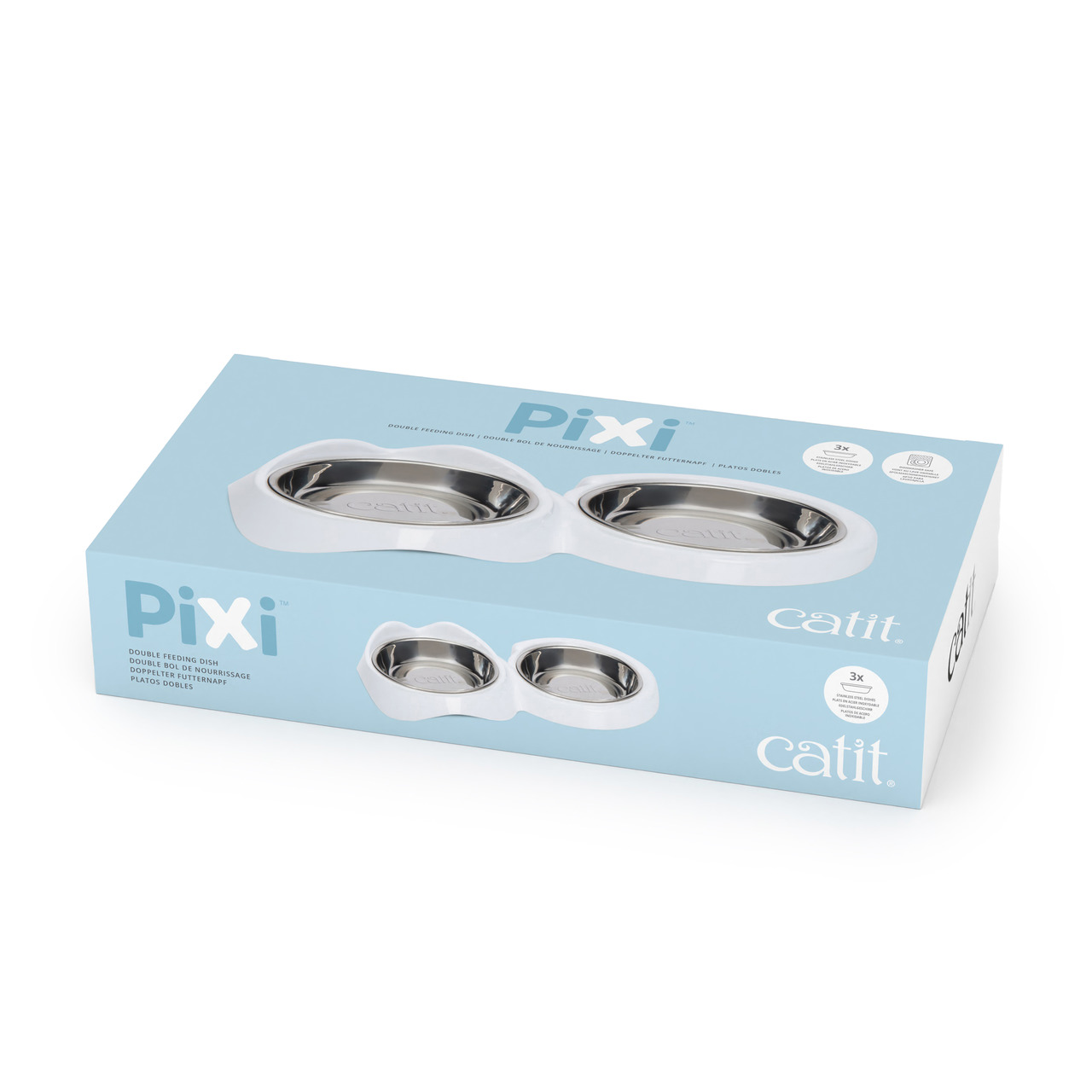 Catit PIXI Doppelnapf für Katzen, 2 Edelstahlschalen, weiß, für Futter & Wasser, hygienisch & praktisch, Verpackung hellblau.
