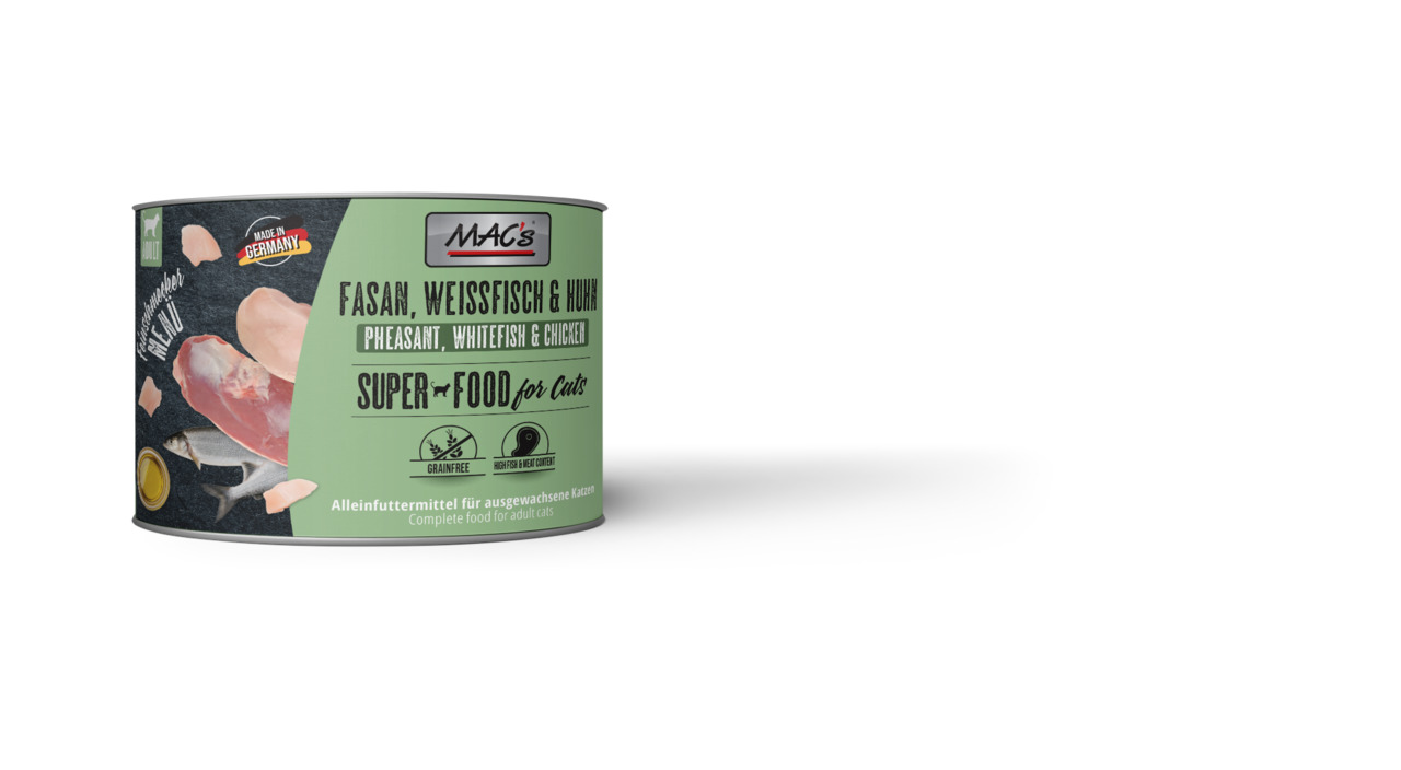 MAC's Katzenfutter, Fasan-Weißfisch-Huhn, für ausgew. Katzen, getreidefrei, nat. Zutaten, 200 g, „Made in Germany“.