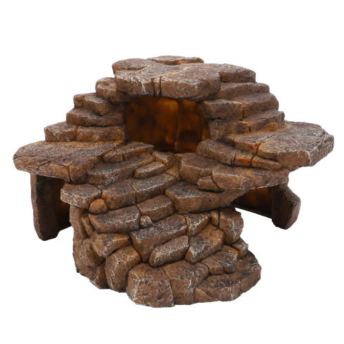 Das Bild zeigt das HOBBY Terrarien-Dekorationselement "Stone Cave", eine künstliche Höhle aus naturgetreuem, braunem Steindesign. Geeignet für Reptilien und Amphibien, bietet es einen sicheren Rückzugsort und Klettermöglichkeiten. Maße und Details sind au