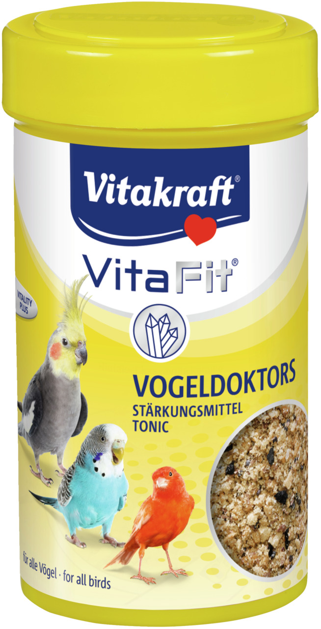 Das Bild zeigt das Produkt "Vitakraft VitaFit Vogeldoktors Stärkungsmittel Tonic" in einer gelben Verpackung. Es ist ein Ergänzungsfuttermittel für Vögel, geeignet für Ziervögel wie Wellensittiche, Kanarienvögel und Papageien. Die Verpackung enthält 20 g 