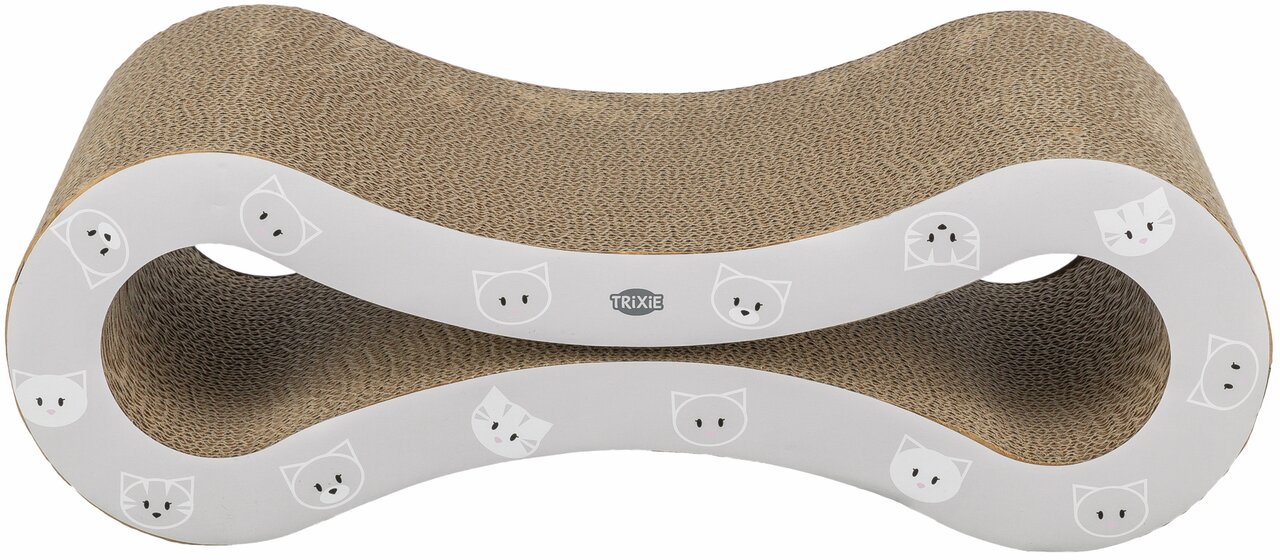 Kratzmöbel von TRIXIE für Katzen in Form einer geschwungenen 8. Hergestellt aus robustem Wellkarton, ideal zum Kratzen und Spielen. Geeignet für alle Katzenrassen. Weißer Rand mit niedlichen Katzenmotiven. Perfekt zur Krallenpflege und Beschäftigung. Maße