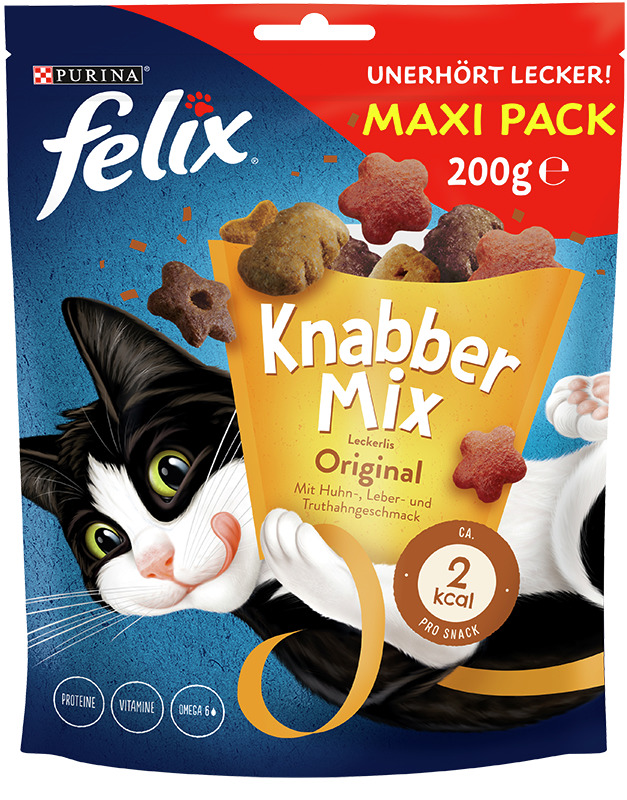 Purina Felix Knabber Mix Original, Snack f. Katzen, Huhn/Leber/Truthahn, Maxi Pack 200 g, „Ungeheuer lecker!“, „Ca. 2 kcal/Snack“.