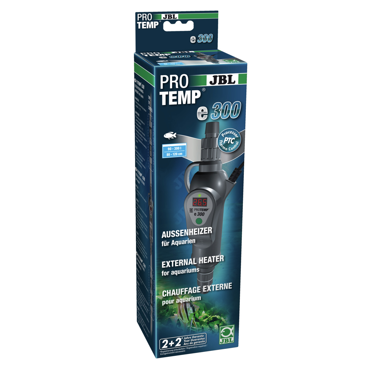 Das Bild zeigt die Verpackung des JBL ProTemp e300 Außenheizers für Aquarien. Der Heizer ist für Aquarien mit einem Volumen von 90 bis 300 Litern und einer Höhe von 80 bis 120 cm geeignet. Auf der Verpackung sind ein digitales Display, die PTC-Technologie