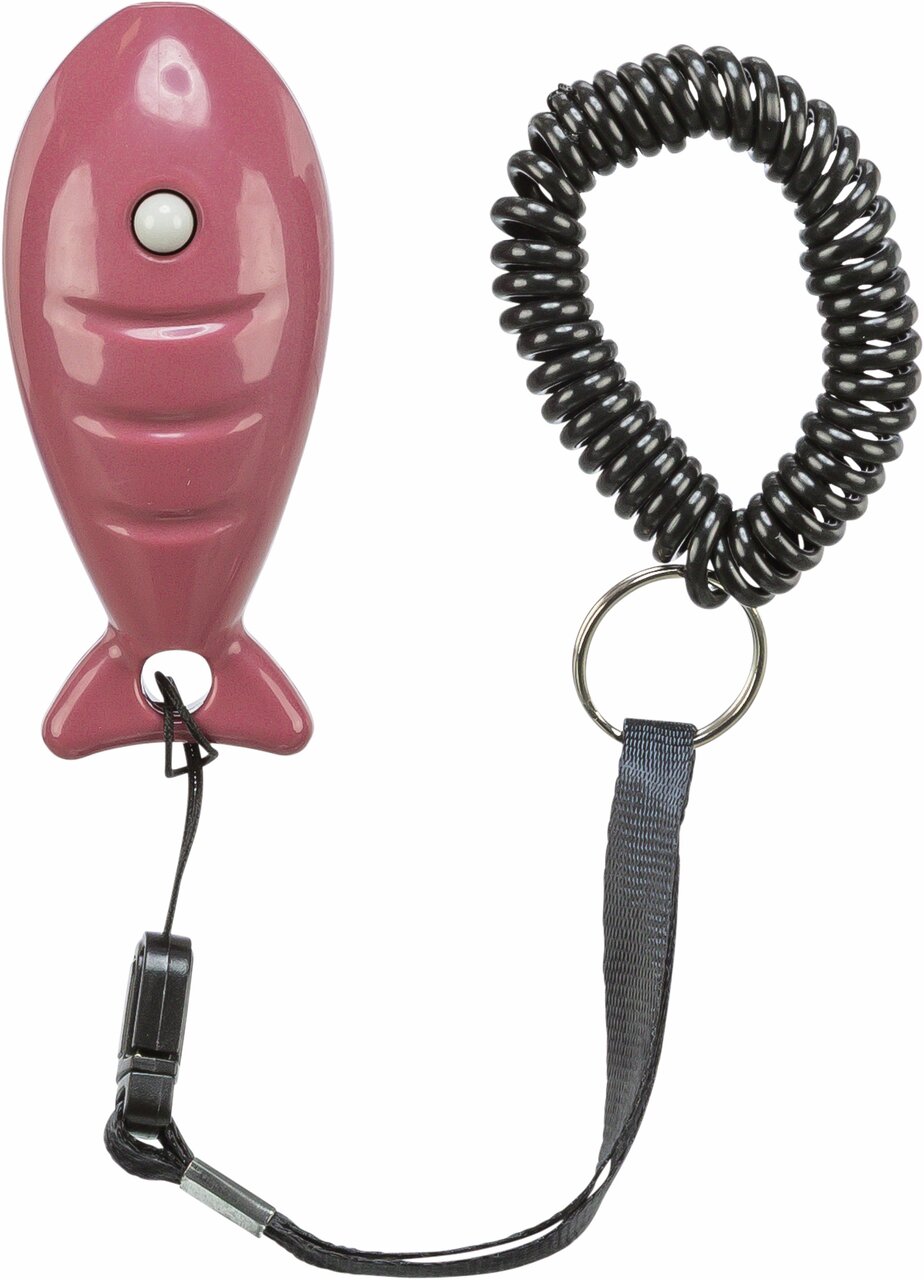 Rosa TRIXIE Hundetrainingsklicker mit Spiralarmband, geeignet für Hunde, verbessert grundlegendes Training und Gehorsam.