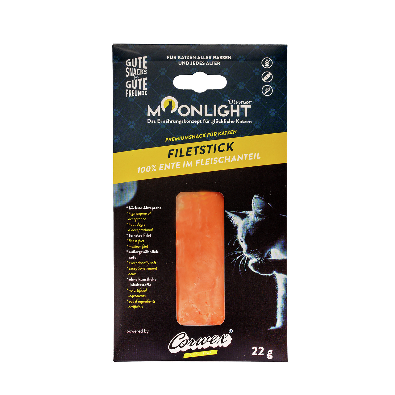 Corwex Moonlight Dinner Filetstick, Katzensnack, 100 % Ente, für alle Rassen-Alter, 22 g, hohe Akzeptanz, weich, ohne künstl. Stoffe.