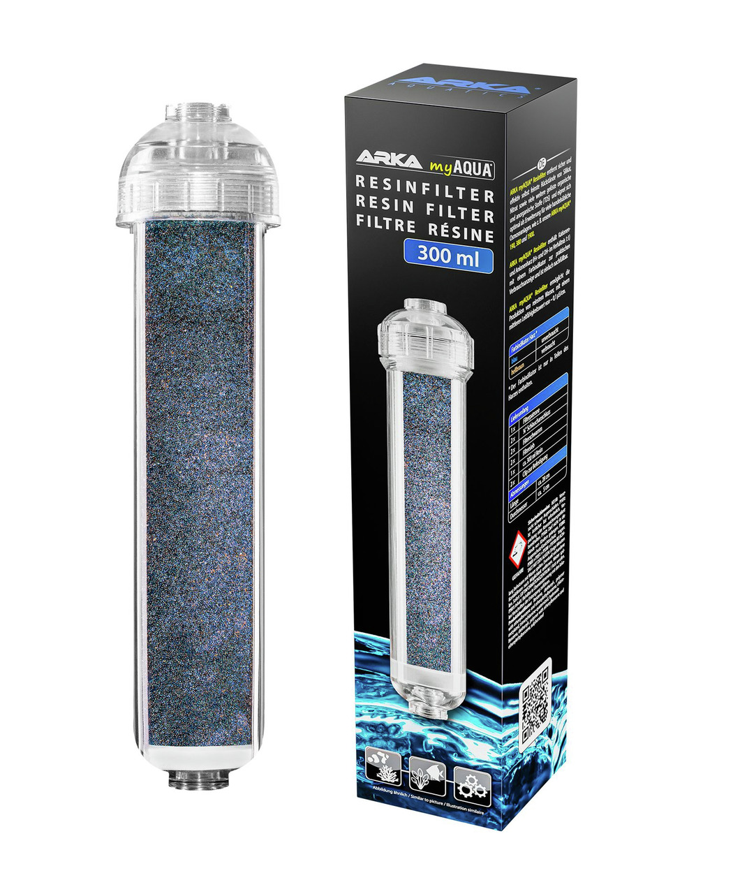 ARKA myAqua Harzfilter, 300 ml, für Aquarien, zylindrisch, transparent, mit Harzgranulat, zur Wasseraufbereitung.