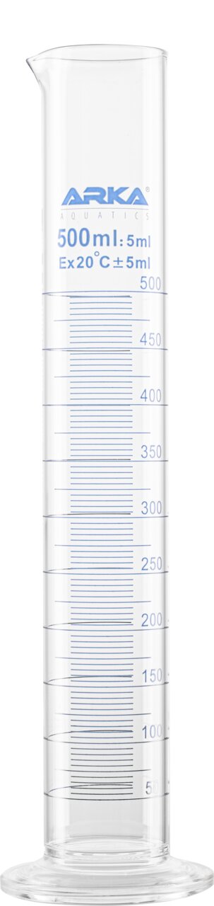 ARKA Aquatics Messzylinder aus Glas, 500 ml mit 5-ml-Teilung und Ausguss, präzises Messgefäß für Aquaristik und Laboranwendung.