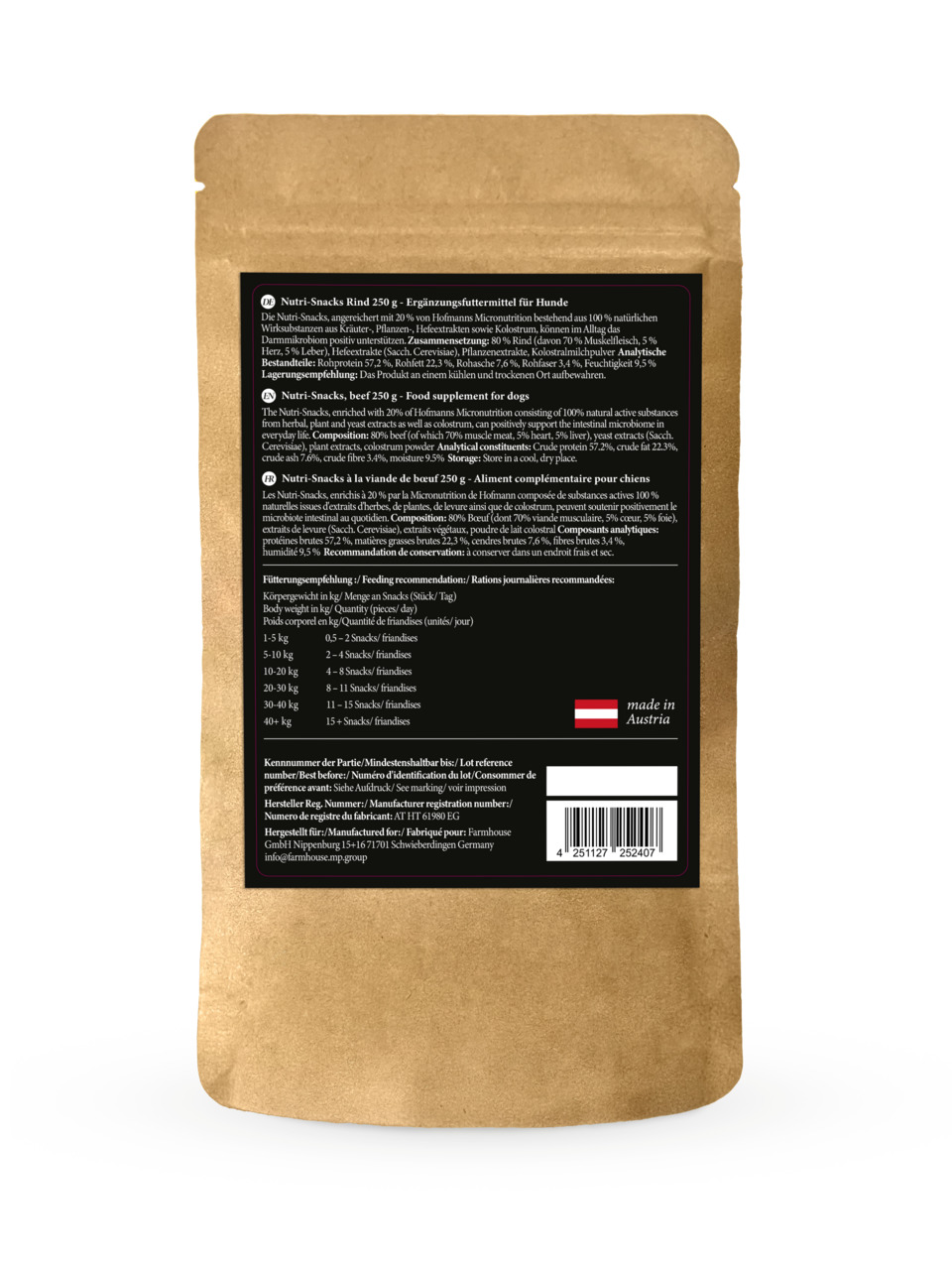 Lottis Häppchen Nutri-Snacks Rind, 250 g, Ergänzungsfutter f. Hunde, 100 % natürliche Inhaltsstoffe, hergestellt in Österreich.