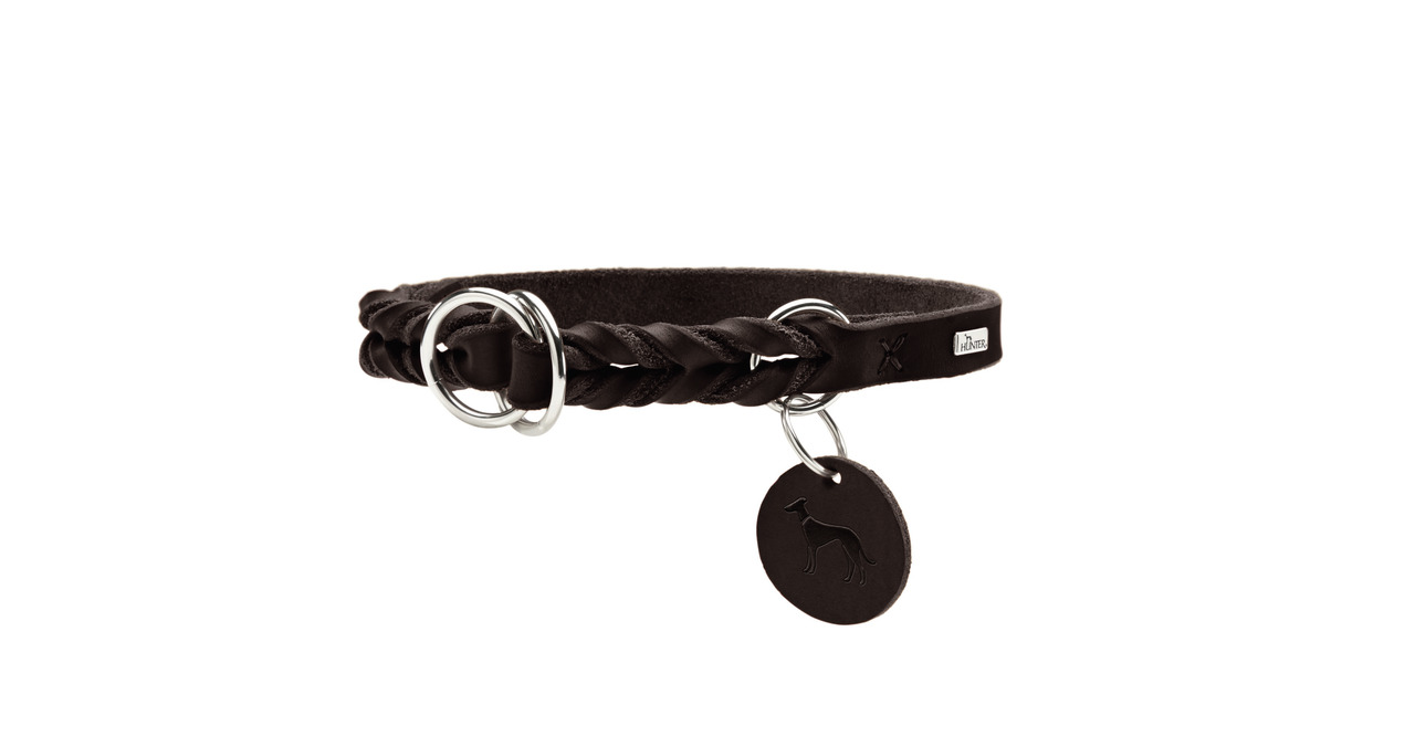 HUNTER Hundehalsband "Solid Education", Leder, dunkel, für alle Hunde, stabiler Metallring, Anhänger, stilvoll.