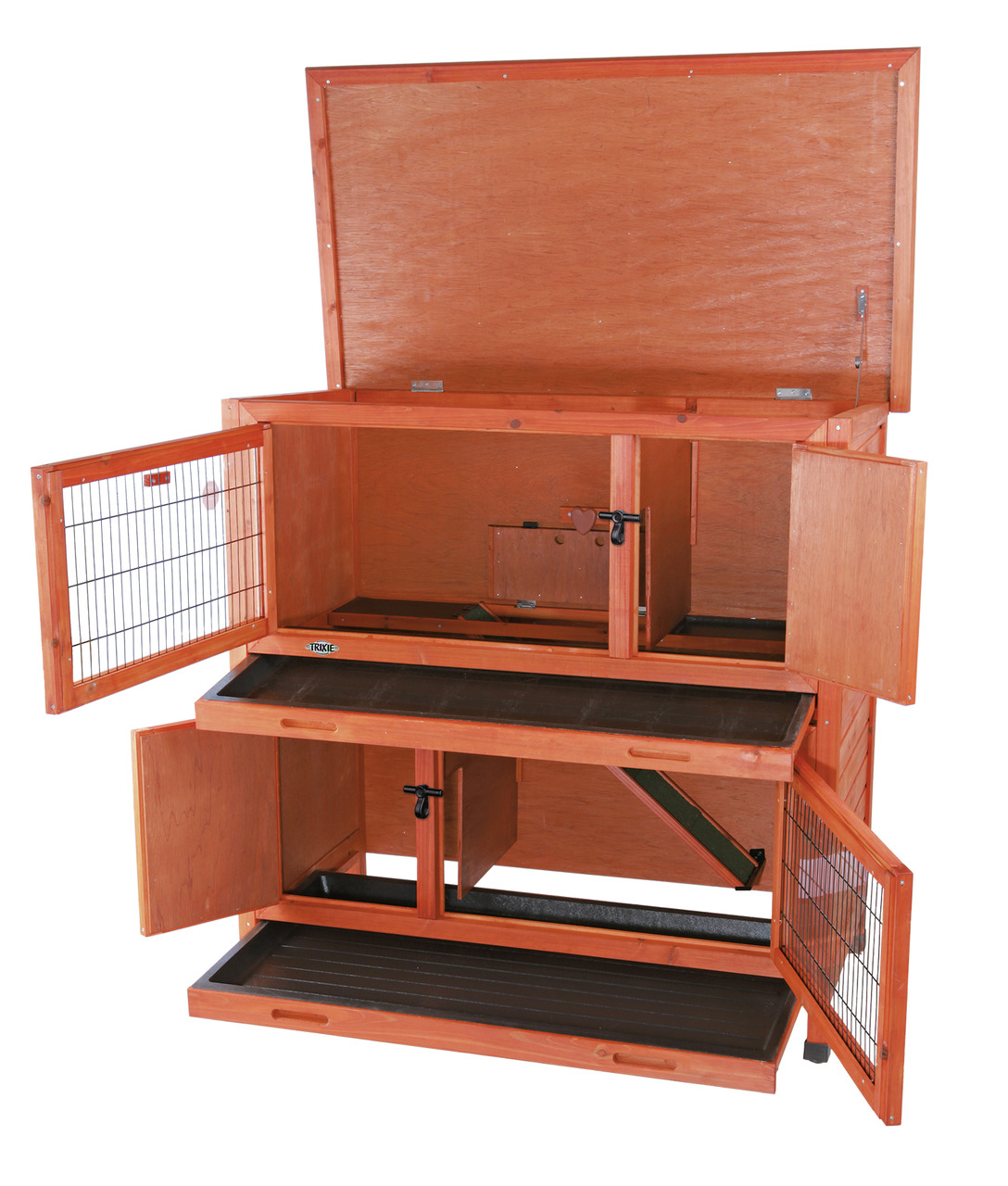 Das Bild zeigt den TRIXIE Kleintierstall Natura, ein hochwertiges Produkt für Kleintiere wie Kaninchen oder Meerschweinchen. Der Stall besteht aus wetterfestem Holz in warmem Braunton und verfügt über mehrere Ebenen, Türen und Gitterelemente für optimale 