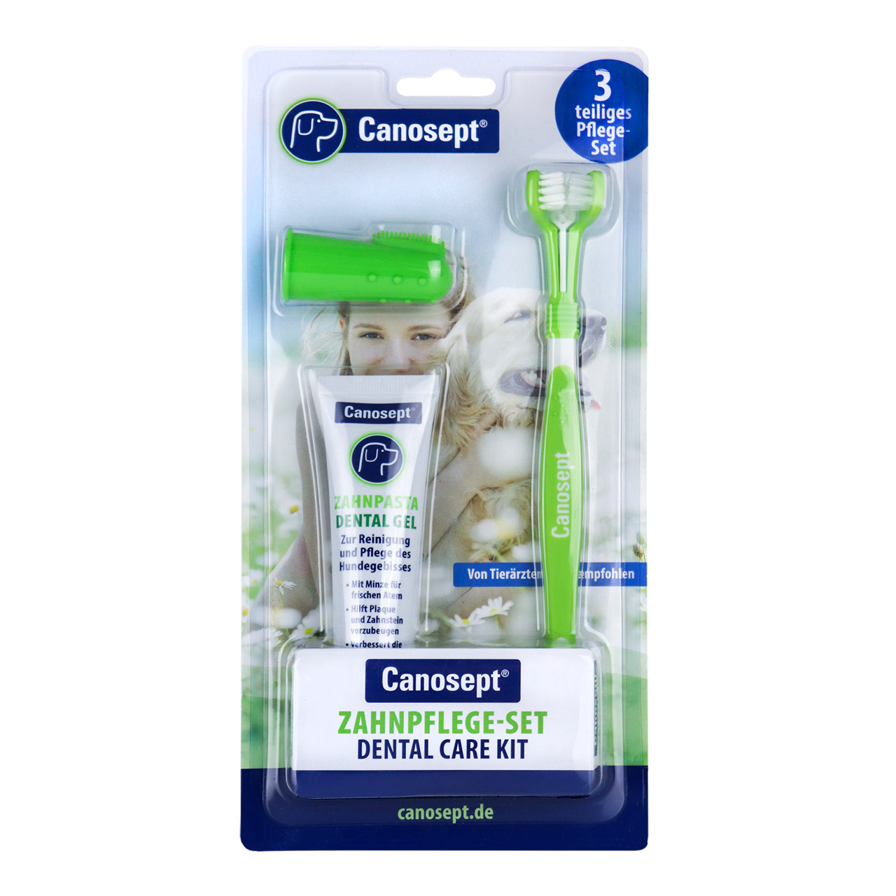 Canosept Zahnpflege-Set für Hunde: Zahnbürste, Fingeraufsatz, Gel mit Minze für frischen Atem, von Tierärzten empfohlen.