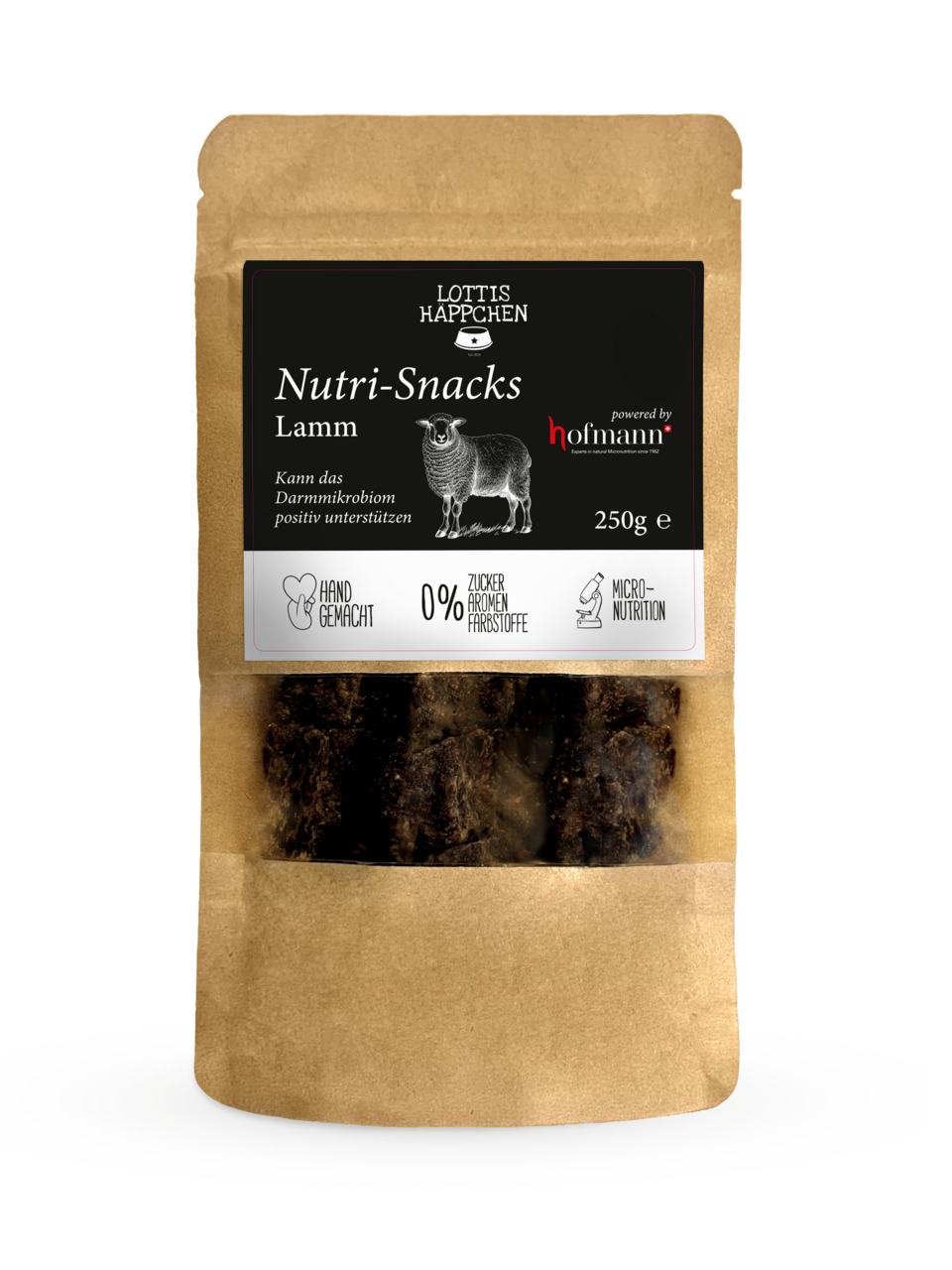 LOTTIS HÄPPCHEN Nutri-Snacks Lamm, Premium-Hundefutter, 250 g, handgemacht, ohne Zucker/Aromen/Farbstoffe, unterstützt Darmmikrobiom.