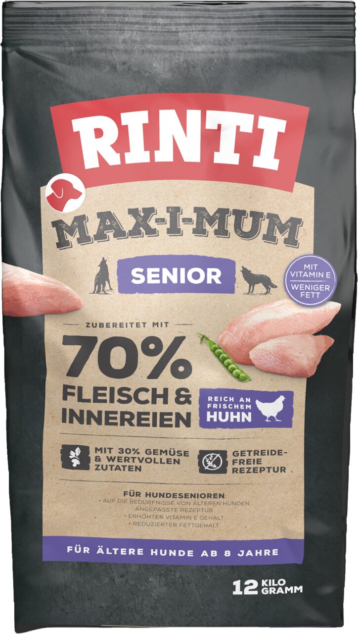 RINTI MAX-I-MUM Senior Hundefutter für ältere Hunde ab 8 Jahren, Huhn, 12 kg, 70% Fleisch, getreidefrei, mit Vitamin E.