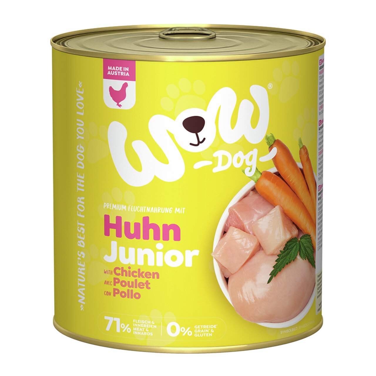 WOW DOG Huhn Junior: Feuchtfutter für Hundewelpen, mit Huhn, 71% Fleisch und Innereien, getreidefrei, 400 g.