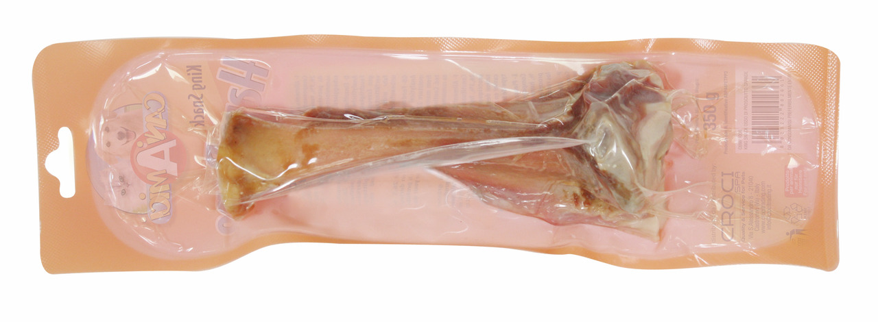Verpacktes Hundekauprodukt der Marke CROCI, Produktname "Kiwa Sushi". Zielgruppe: Hunde. Geschmacksrichtung: Natürlicher Knochen. Die Verpackung zeigt einen vakuumverpackten Knochen, ideal für langanhaltendes Kauen. Menge: 350 g. Perfekt zur Zahnpflege un