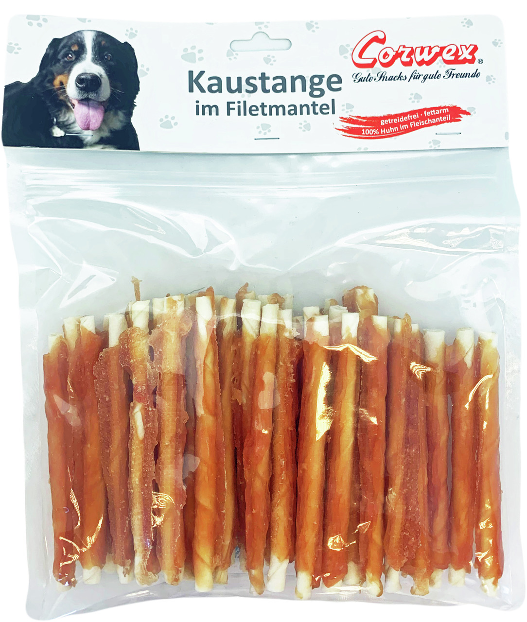 Corwex Kaustange im Filetmantel für Hunde, 100 % Huhn, getreidefrei, fettarm, idealer Snack, mehrere Stangen in transparenter Packung.