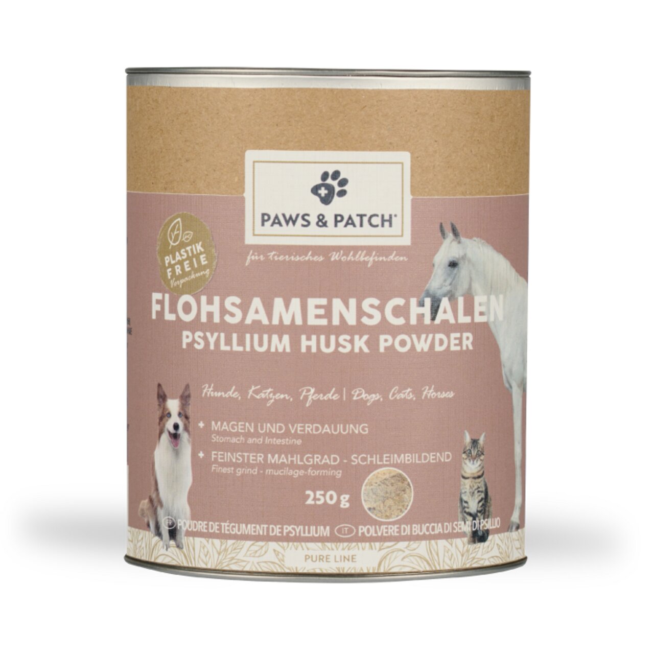 Paws & Patch Flohsamenschalen, für Hunde, Katzen, Pferde, geschmacksneutral, fördert Verdauung, 250 g, plastikfreie Verpackung.