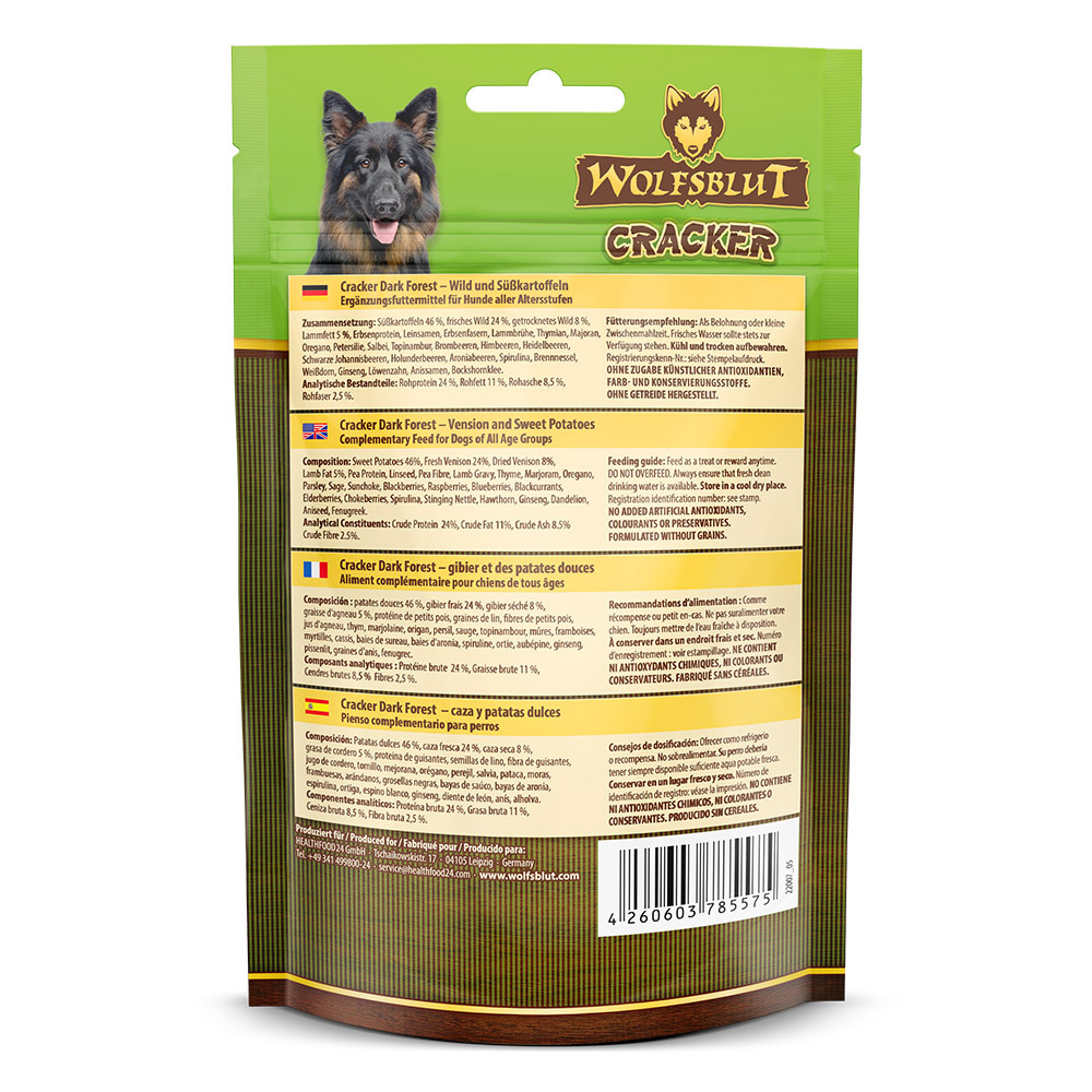 WOLFSBLUT Cracker Dark Forest – Wild & Süßkartoffeln, Ergänzungsfuttermittel für Hunde, alle Altersstufen, grüne Verpackung.