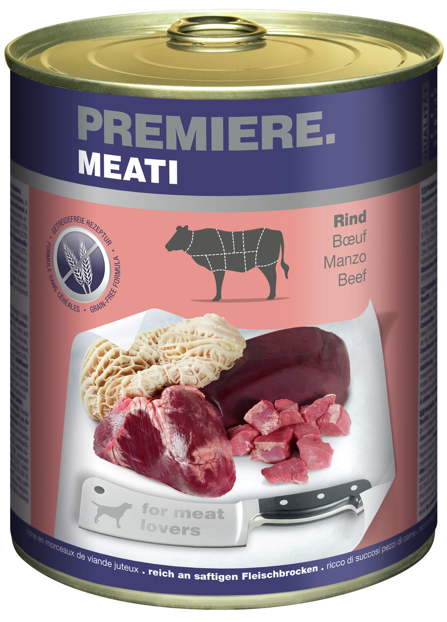 Das Bild zeigt eine Dose Hundefutter der Marke PREMIERE mit dem Produktnamen MEATI. Die Geschmacksrichtung ist Rind, und das Produkt richtet sich an Hunde. Auf der Dose sind saftige Fleischstücke, Innereien und ein Messer abgebildet. Die Menge beträgt 400