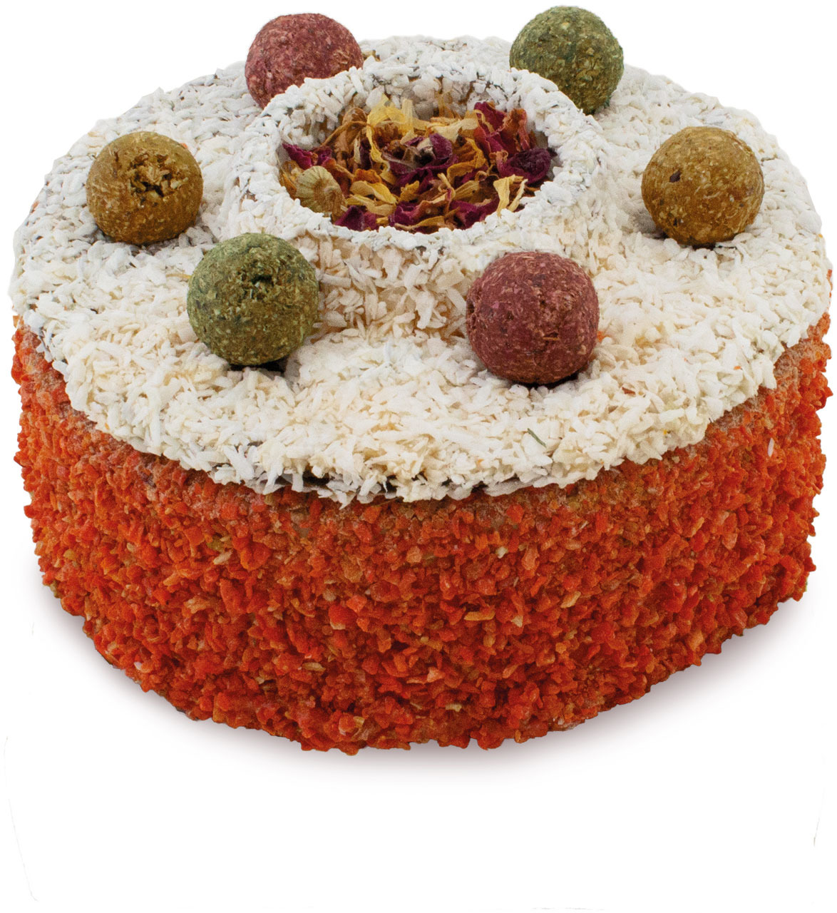 JR FARM Geburtstagskuchen für Nager & Zwergkaninchen, mit Kokosnuss, roten-grünen Kugeln & Blüten, 125 g, besondere Leckerei.