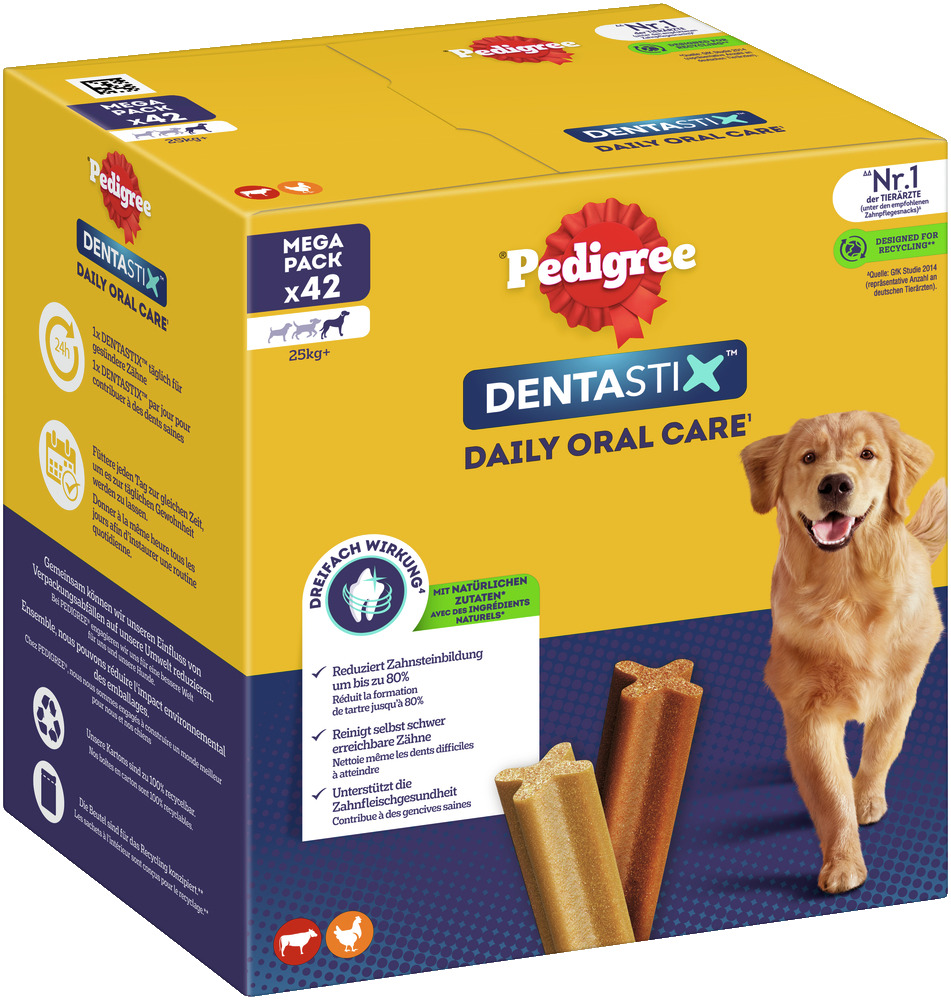 Pedigree Dentastix Daily Oral Care, Mega Pack 42 Stk., für Hunde ab 25 kg, 3-fach Wirkung: Zahnsteinreduktion, Reinigung, Zahngesundheit.